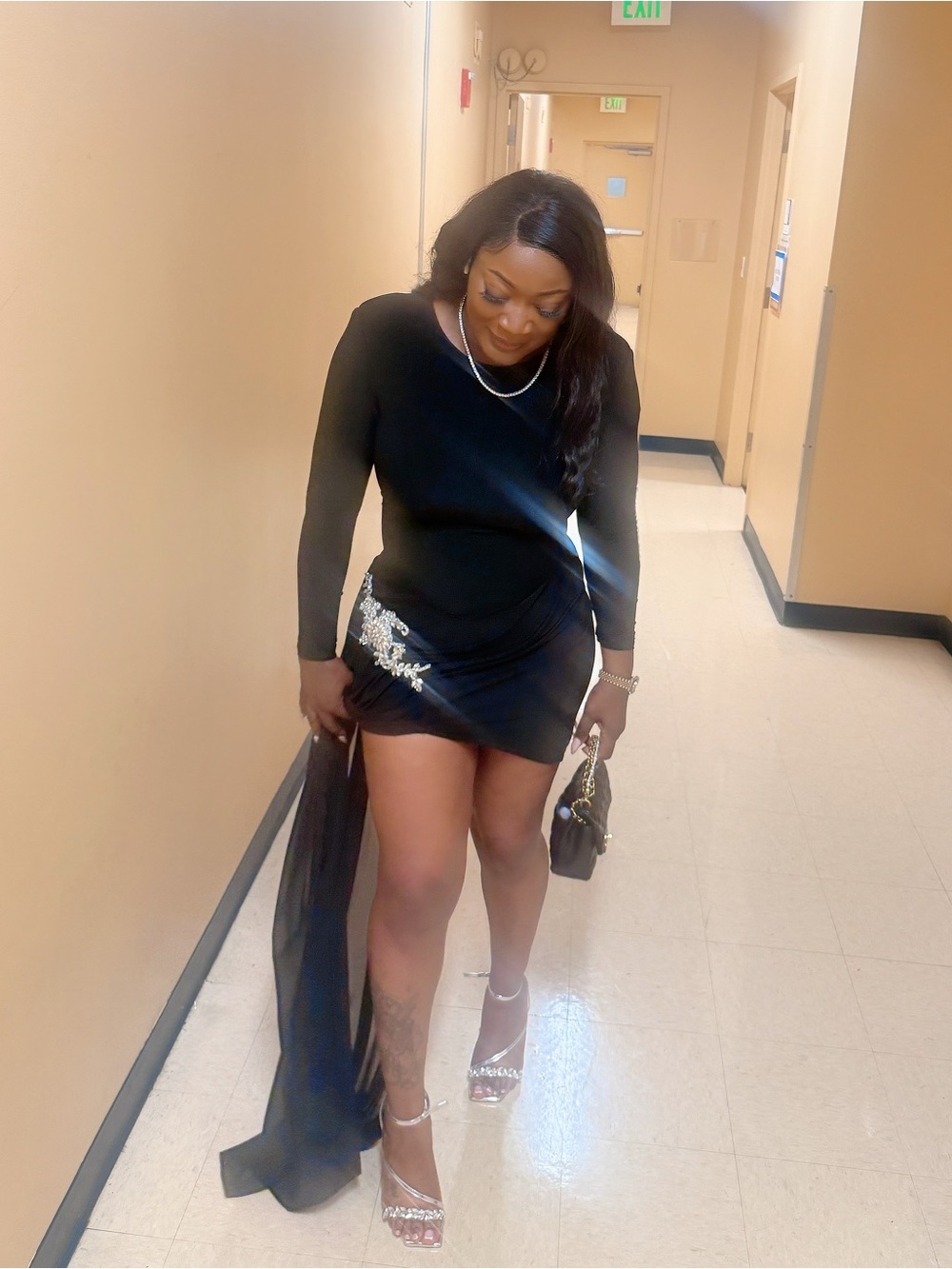 Black Embellished Asymmetric Mini Skirt with Drape
